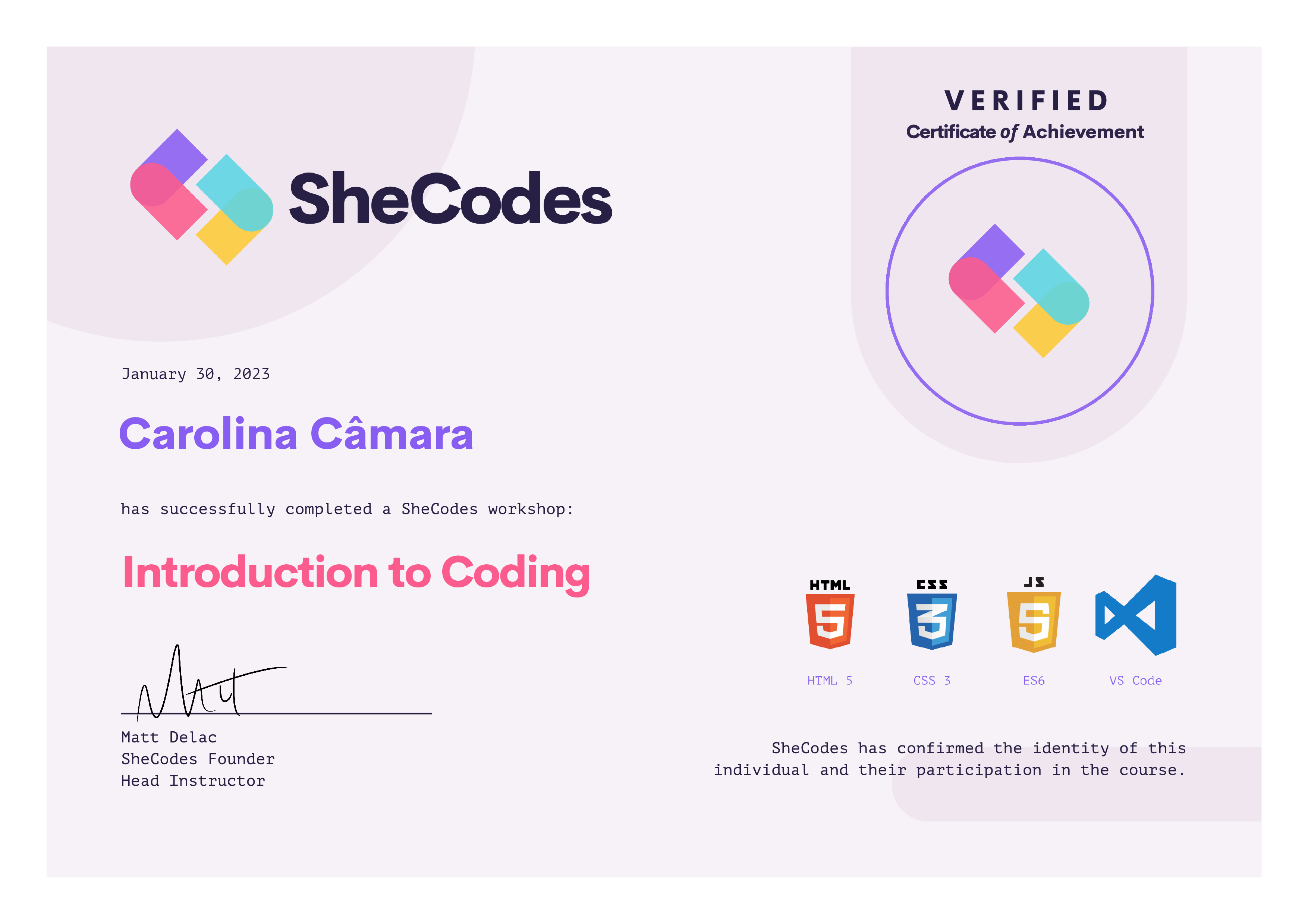 SheCodes Basic Workshop Certificate