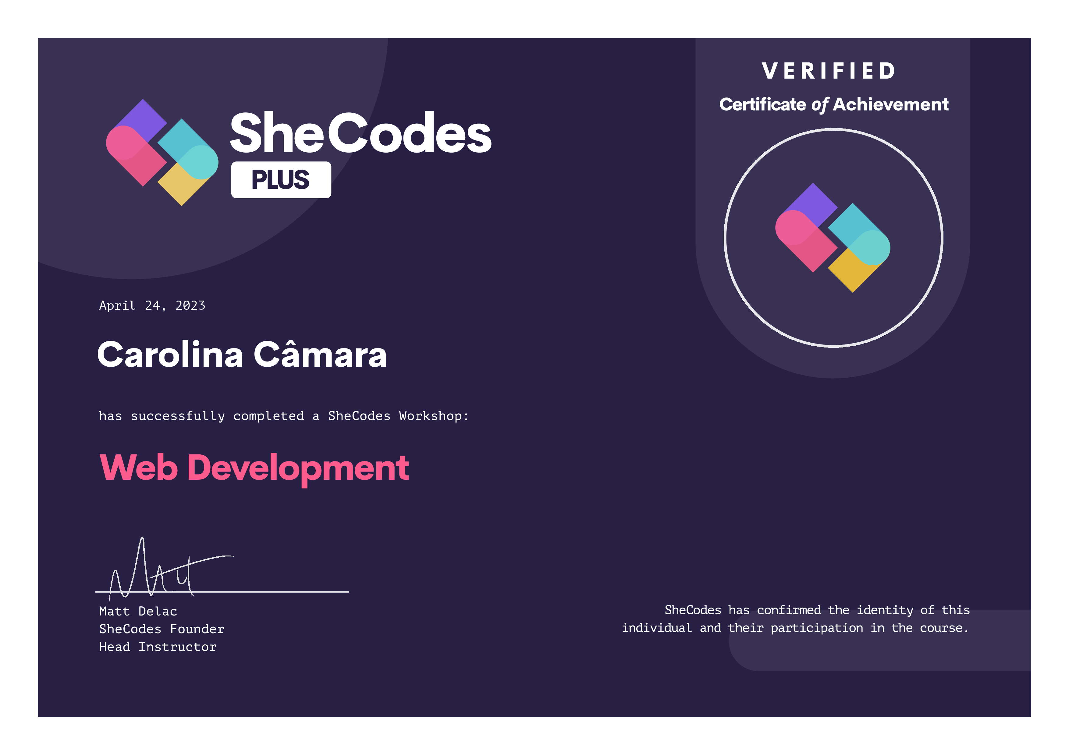 SheCodes Basic Workshop Certificate